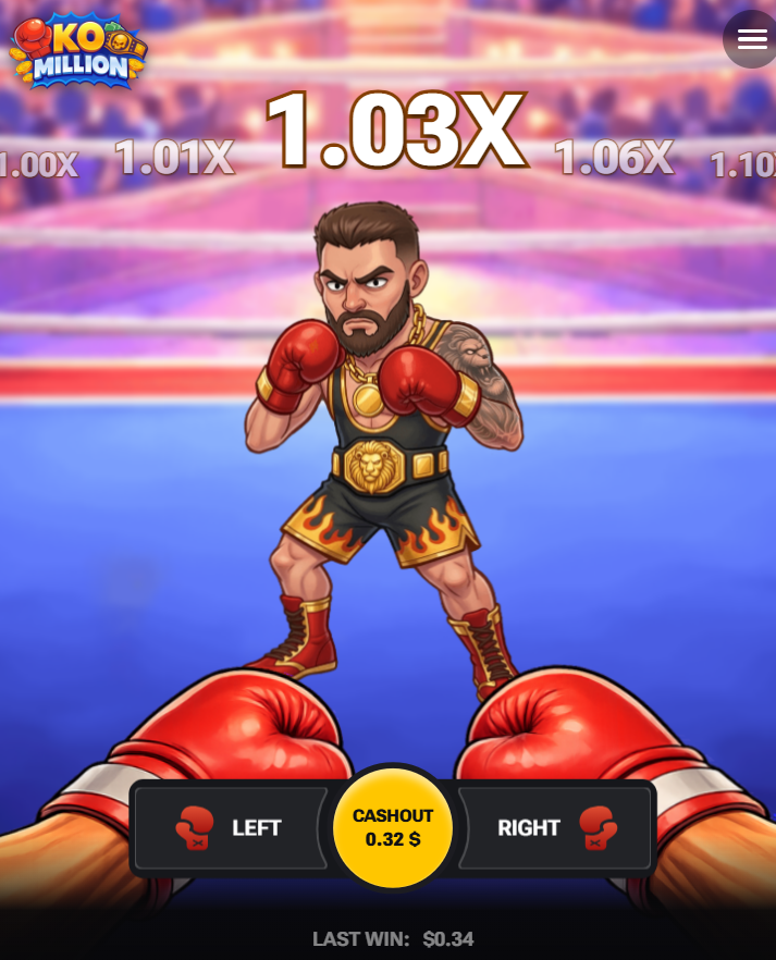 Ring KO Million na smartfonie, na dole Left, Right i Cashout