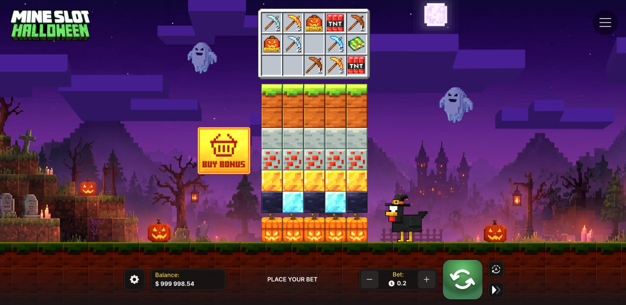 Halloweenowa plansza Mine Slot z blokami, dyniami, kilofami i przyciskiem Buy Bonus