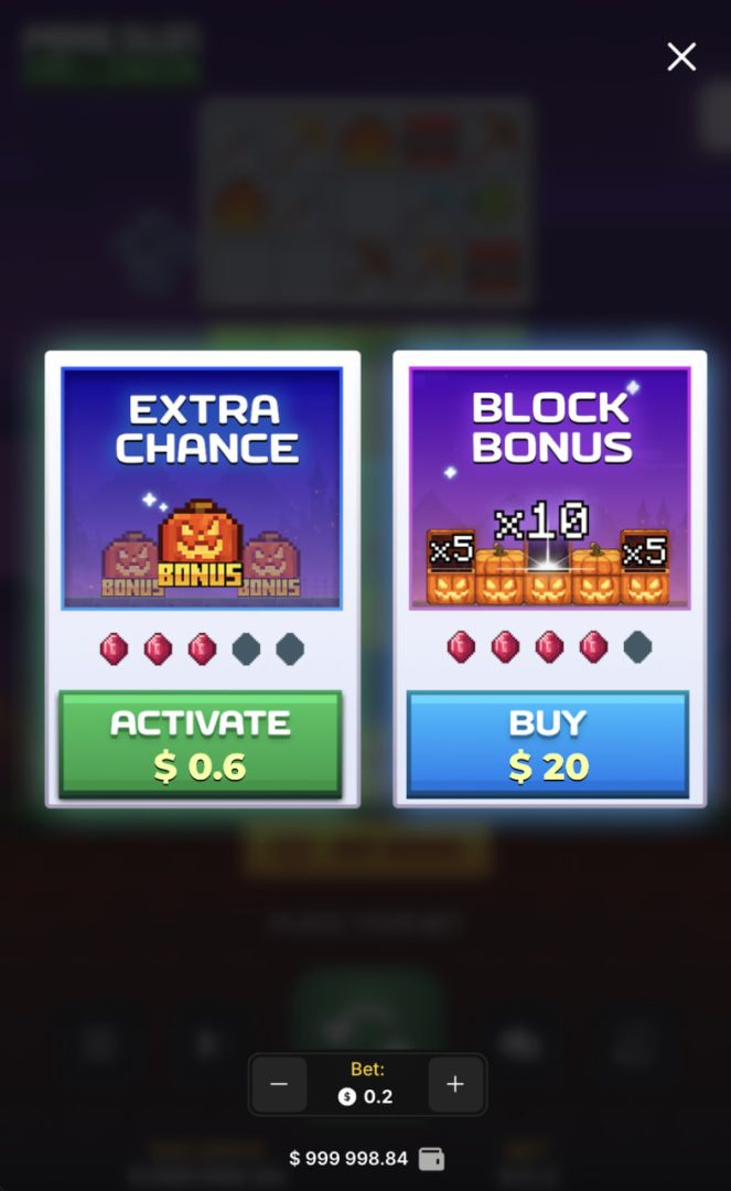 Mine Slot Halloween w pionowym widoku telefonu z oknem Extra Chance i Block Bonus