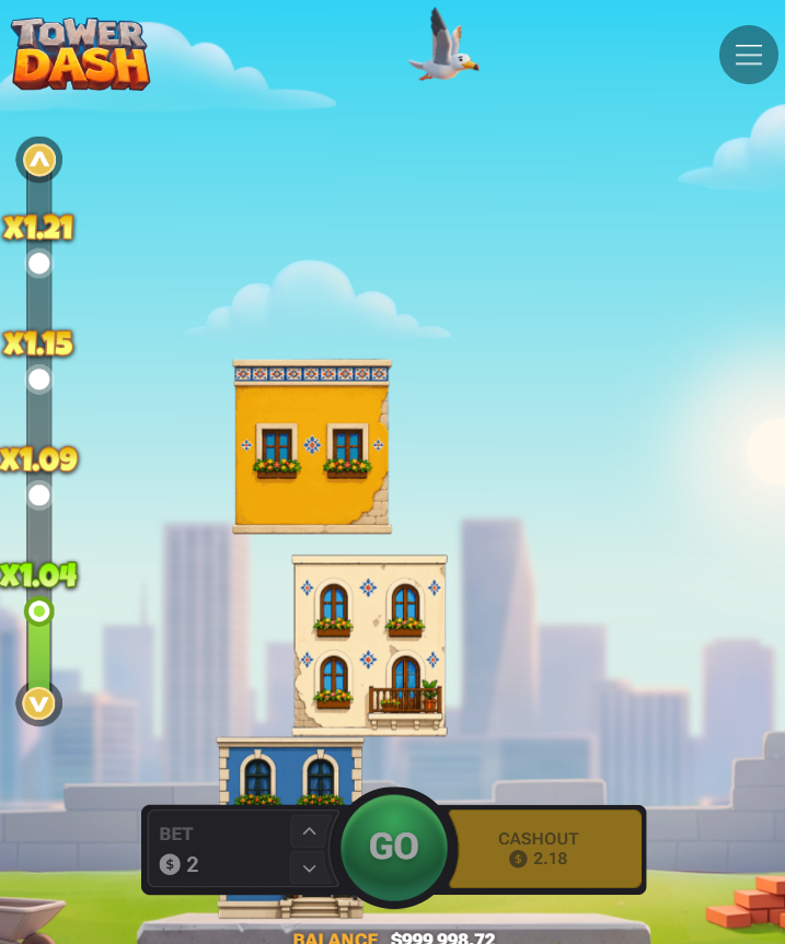 Pionowy ekran Tower Dash na smartfonie, przyciski Go oraz Cashout