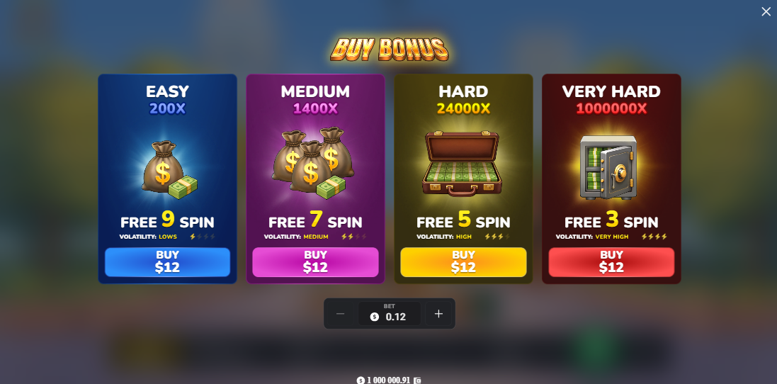 Ekran Bonus Buy w MegaBlock Empire z czterema opcjami darmowych spinów
