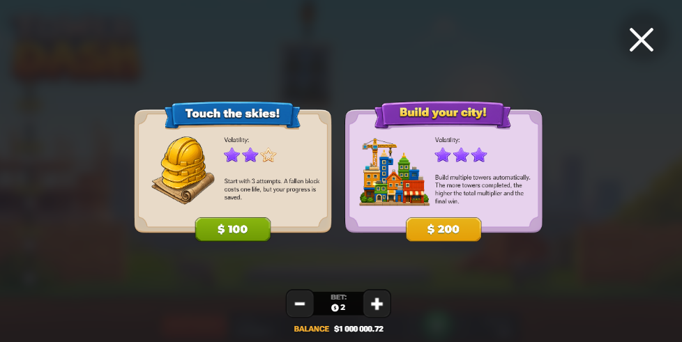 Tower Dash – ekran wyboru między Touch the skies a Build your city