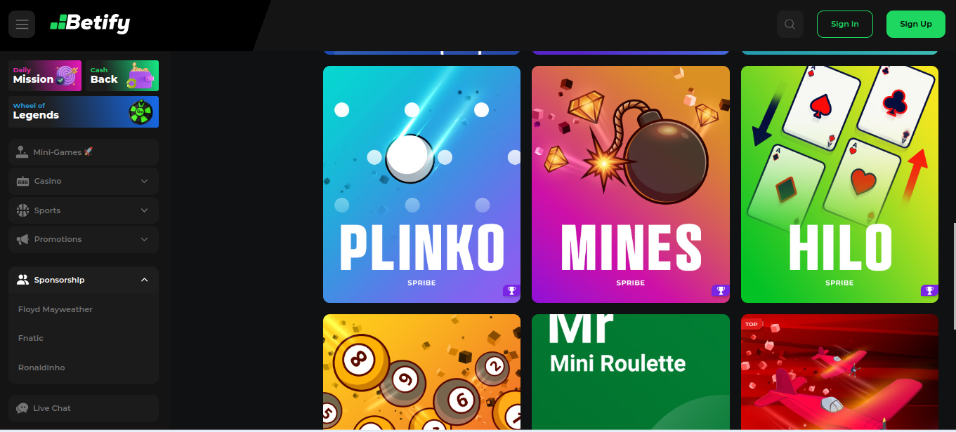 Dział minigier w Betify z grami Plinko, Mines i Hilo