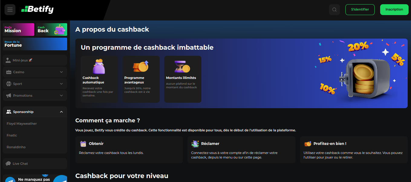 Zakładka z tygodniowym zwrotem cashback na Betify