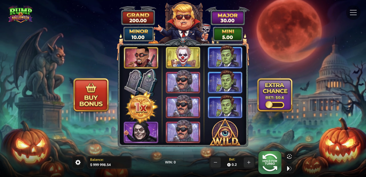 Rump & Halloween – ekran z siatką 3x4, jackpotami i przełącznikiem Extra Chance